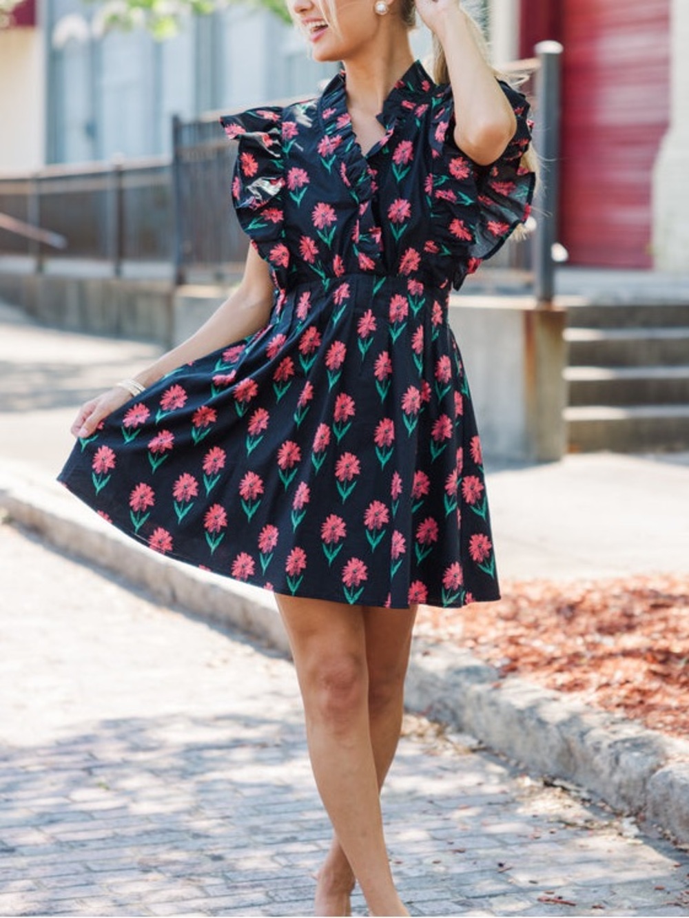 Floral Ruffle-Sleeve Black Mini Dress with Pink Blooms